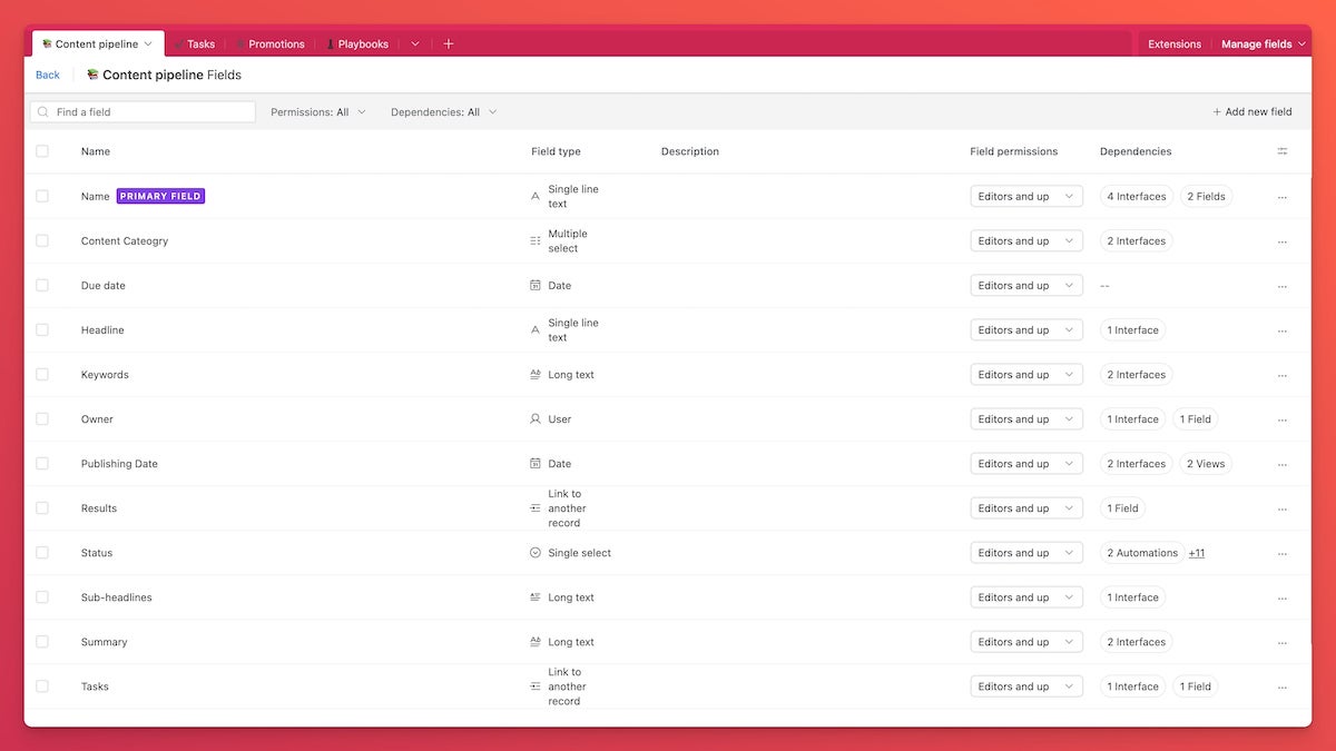 Manage fields screen in Airtable, showing configure fields like name, status, summary, etc..