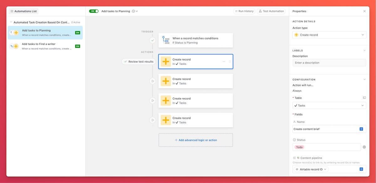 Automation setup in Airtable, showing creation of different records being created when state changes to planning.