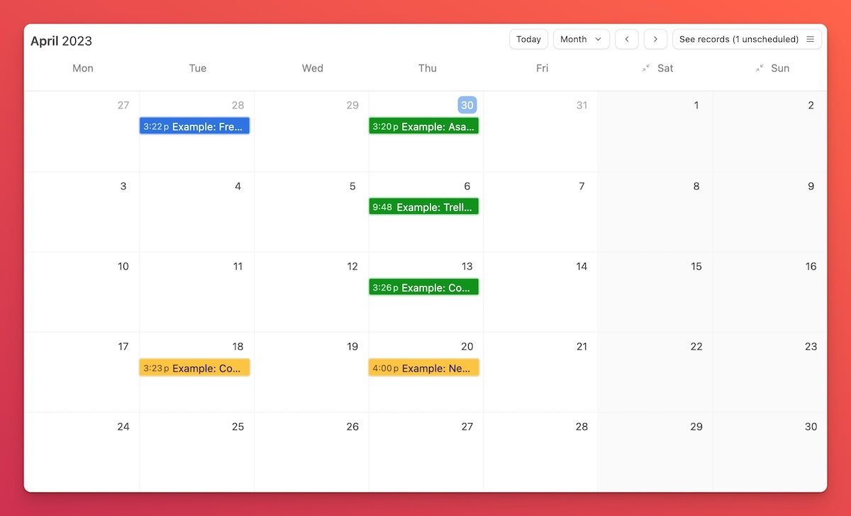 Calendar view showing multiple publishing dates for content on different dates.