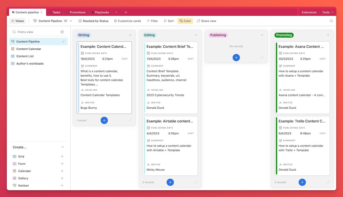 Kanban board showing multiple columsn with content pieces.