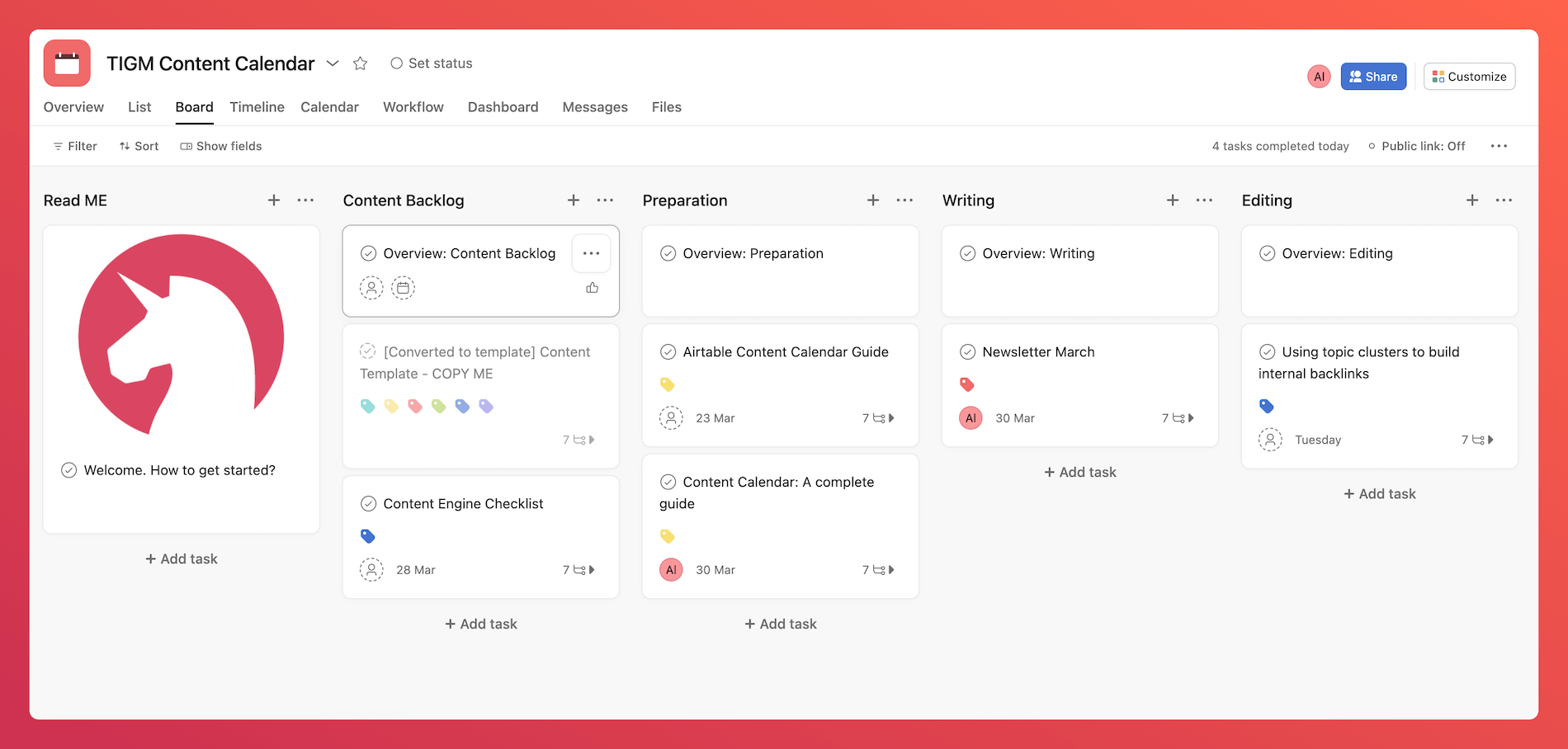 Kanban board showing multiple columsn with content pieces.