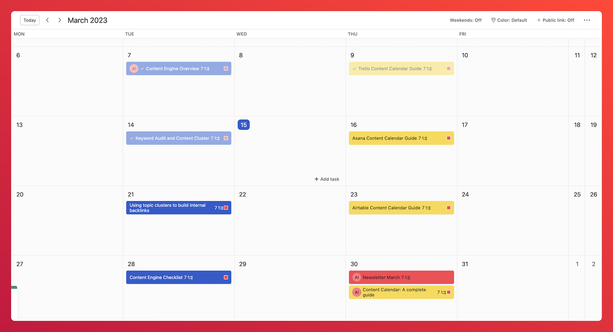 Calendar showing when articles, assets, or newsletter are being published.