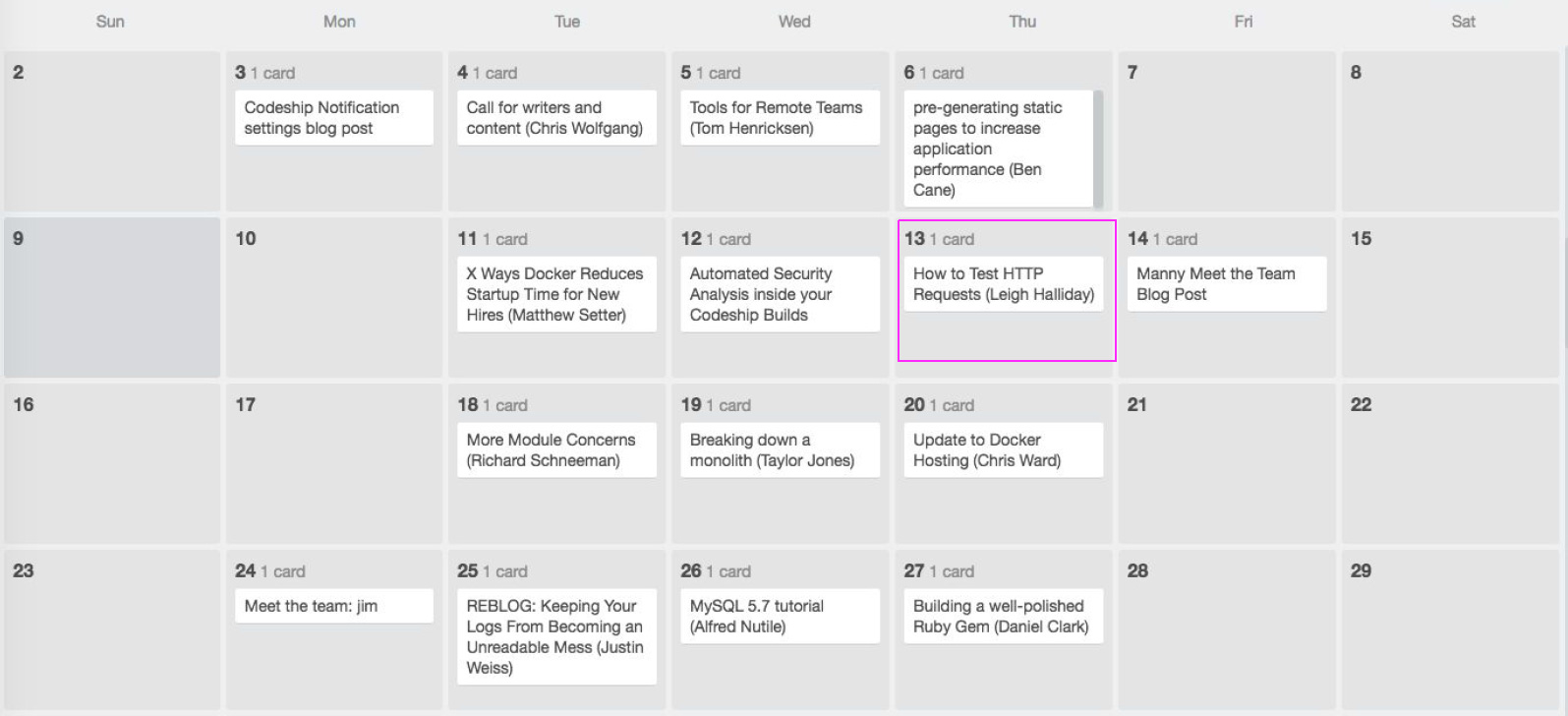 Calendar view of a content calendar