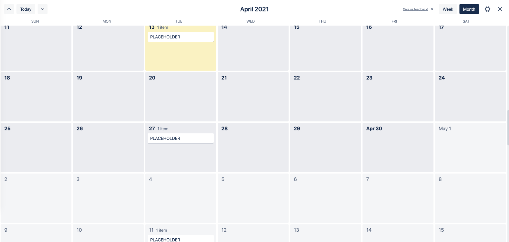Calendar view of a content calendar in Trello