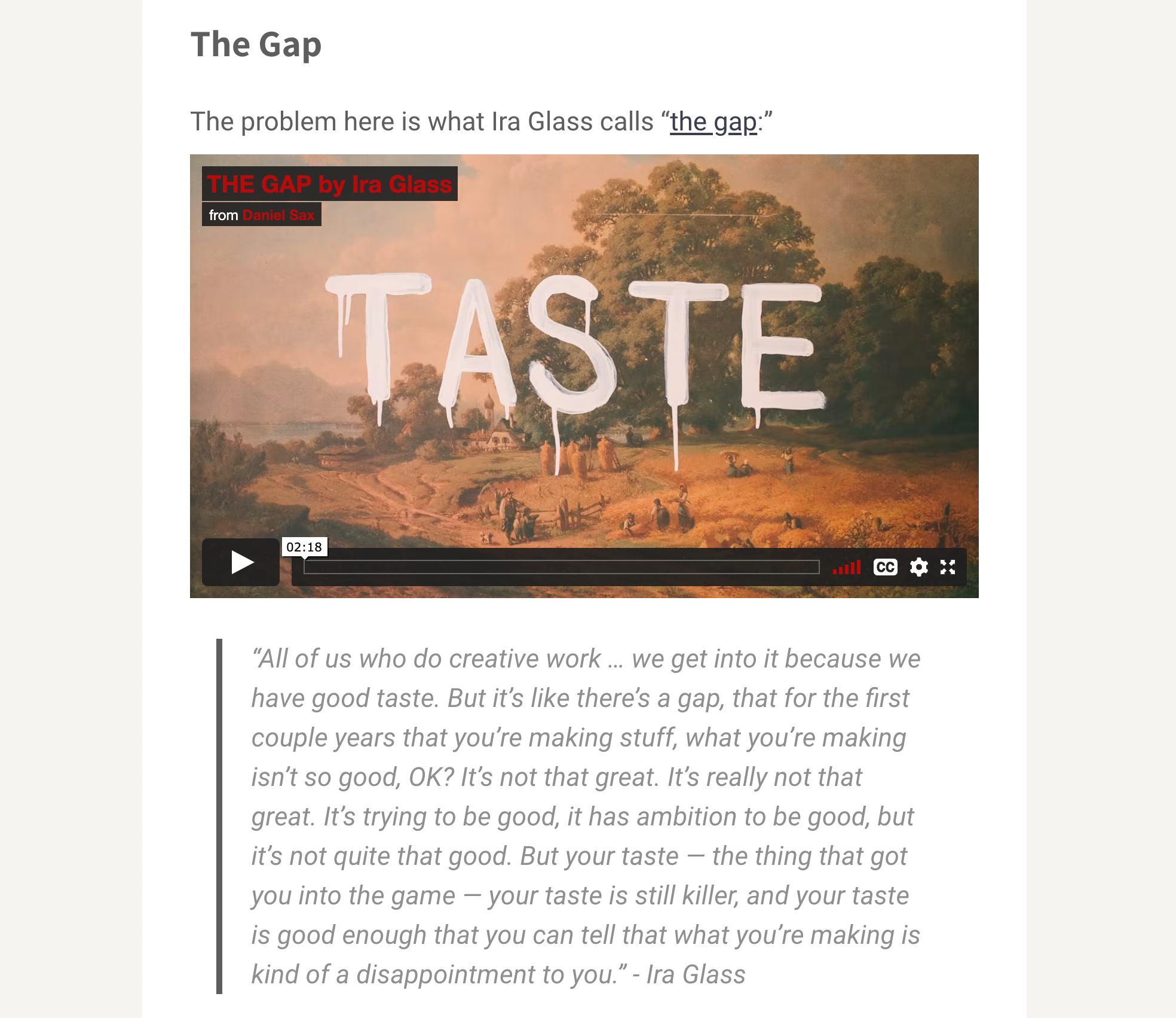 Example of an embedded video breaking up a blog post