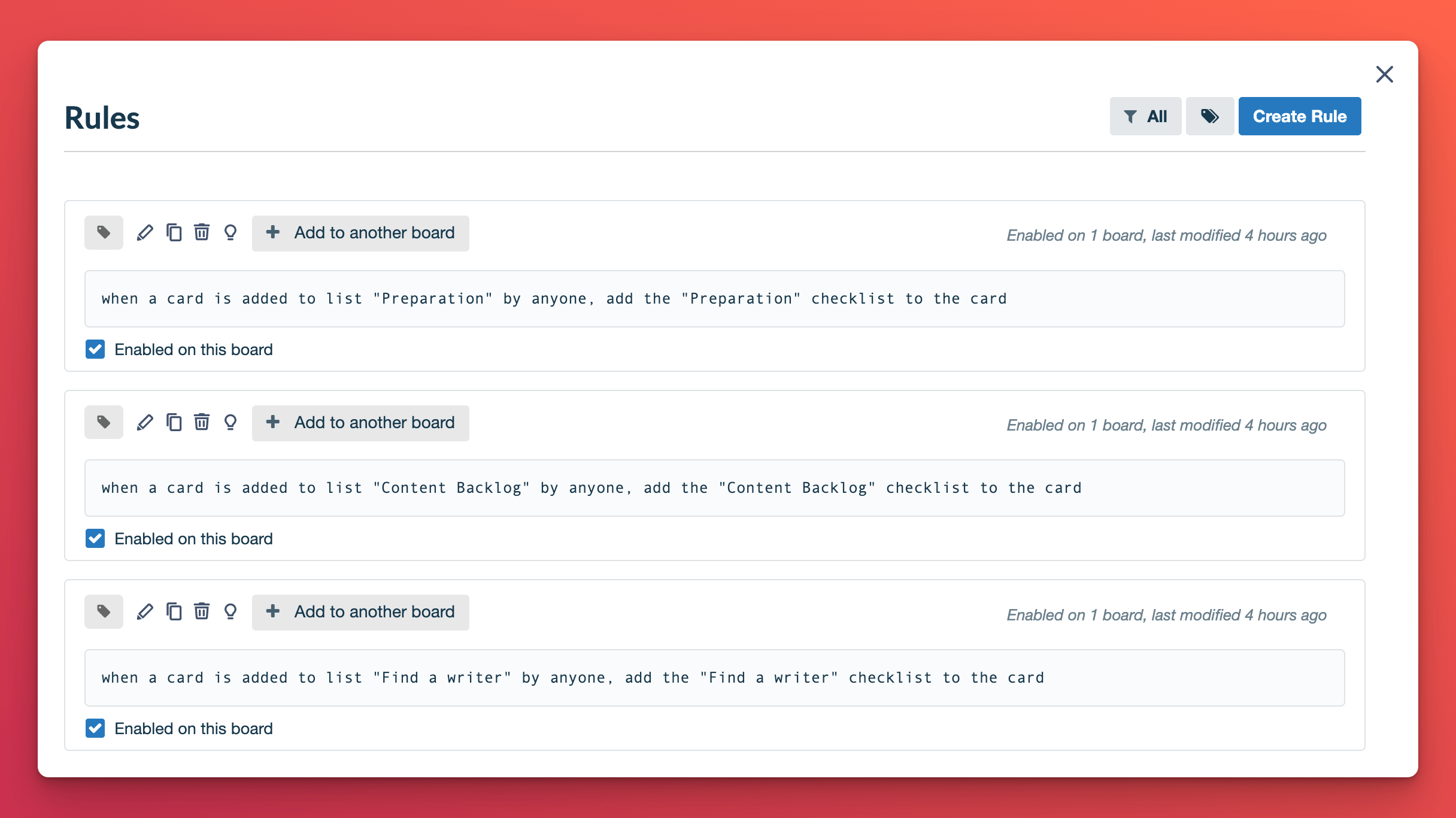 Example of automation rules set up on Trello template.