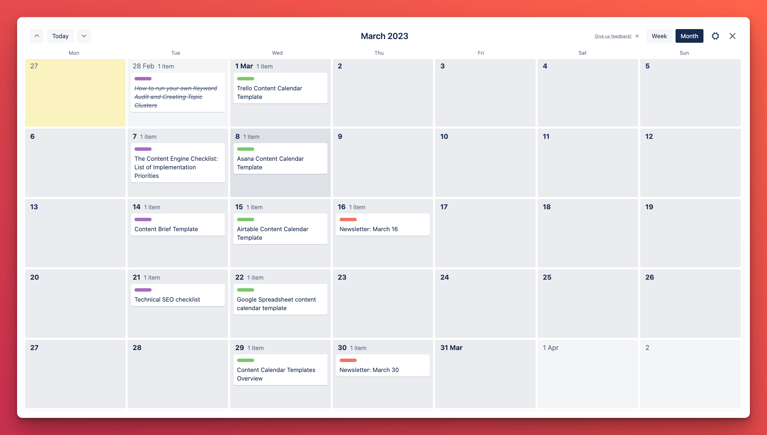 Calendar showing when articles, assets, or newsletter are being published.